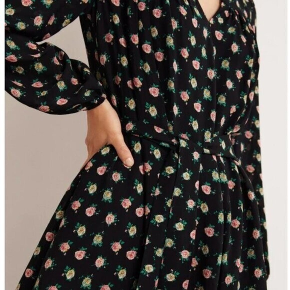 Boden Black Floral V-Neck Midi Dress Autumn Wedding Guest Waist Tie 10R